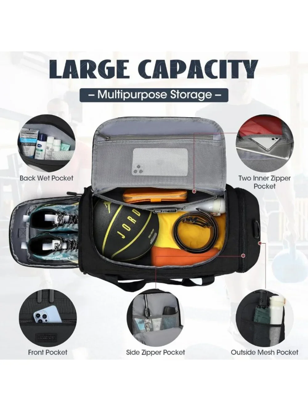40L Sports Gym Duffel Bag with Shoe Compartment & Wet Pocket - Water Resistant